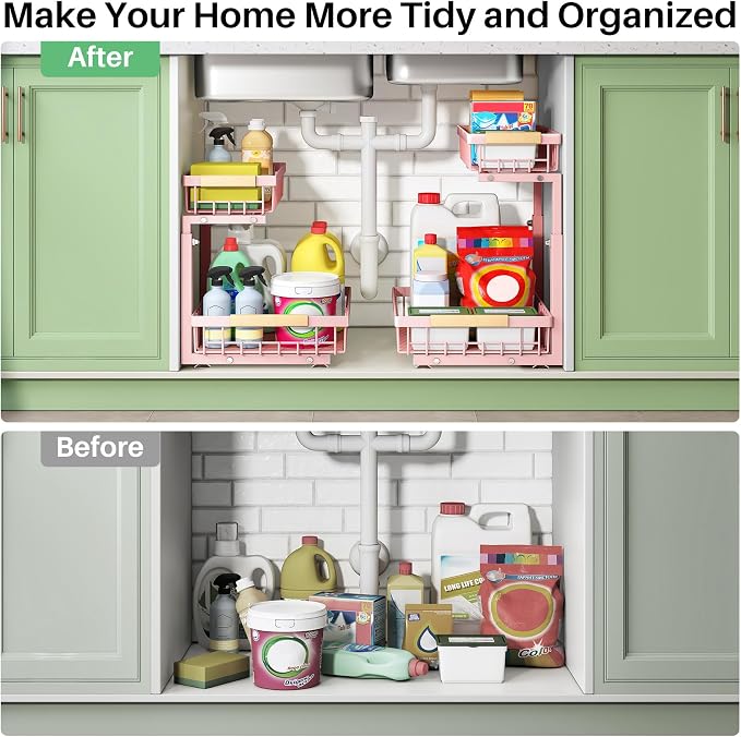 Kitstorack Under Sink Organizer, 2 Tier Under the Sink Storage, Slide out Pull out Cabinet Organizer Shelf, Metal Sliding Drawer for Kitchen Bathroom Pantry Closet Organization Rack, Pink, 1 Pack - Image 8