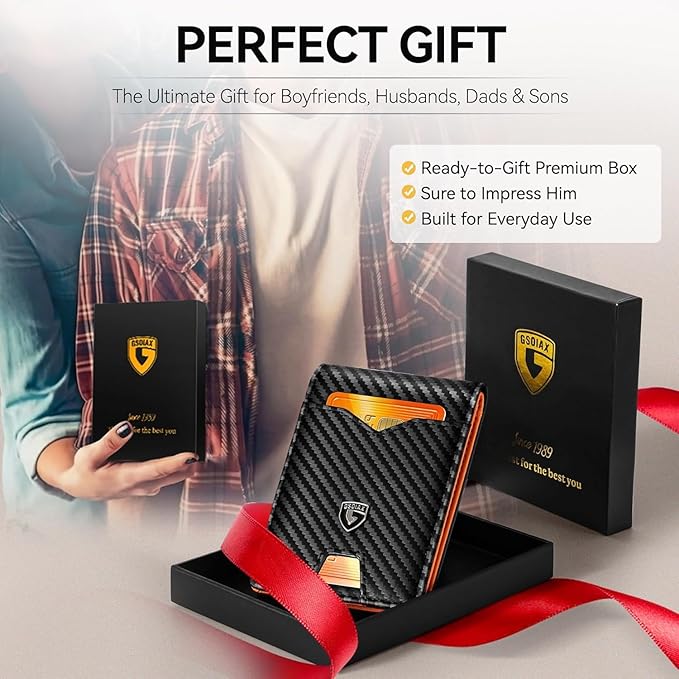 GSOIAX Slim Wallet for Men Rfid Blocking Leather Bifold Front Pocket Carbon Fiber Men's Money Clips Credit Card Holder With Gift Box - Image 5