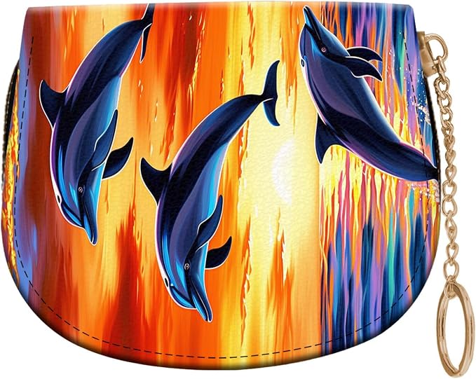 Women's Slim RFID Wallet – Compact Leather Card Holder Wallet for Women, 9 Card Slots RFID Blocking Credit Card Organizer, Small Travel Wallet - Dolphin Jumping Ocean Sunset Beach by Unknown