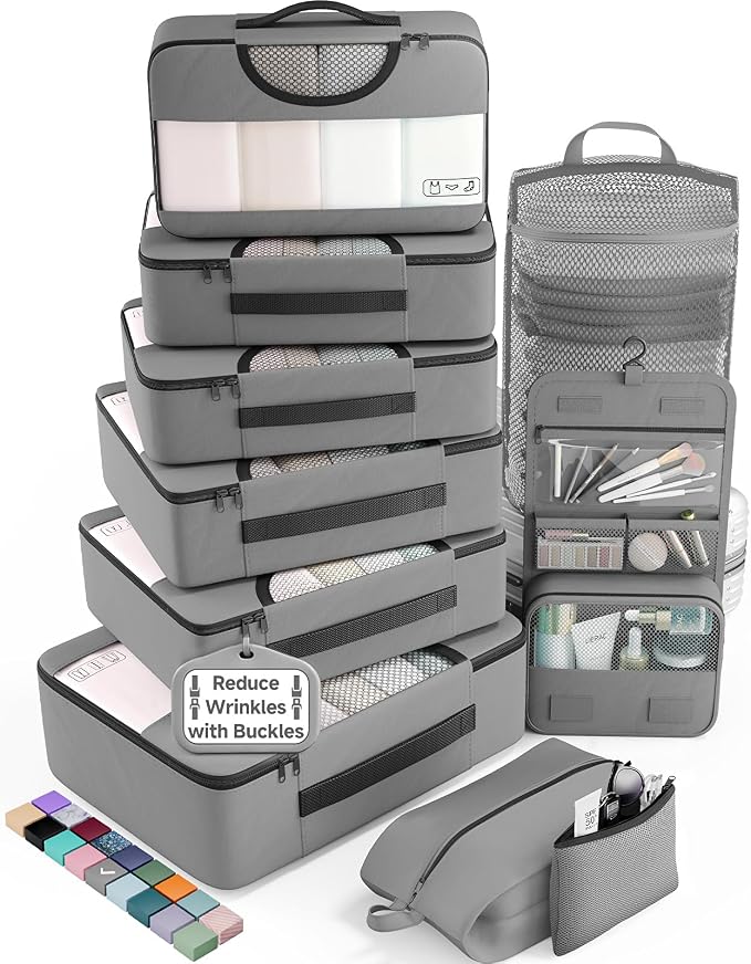 Veken 10 Set Packing Cubes for Travel Essentials,Anti-Wrinkle Buckled Suitcase Organizer for Shoe & Toiletry Bag,Carry On Luggage Bag with 99+ Count Mesh Holes for Airplane & College Dorm Accessories by Veken