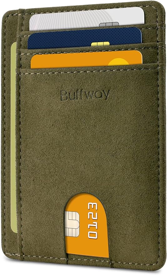 Buffway Slim Minimalist Front Pocket RFID Blocking Leather Wallets for Men and Women - At Sahara Desert Green by Buffway