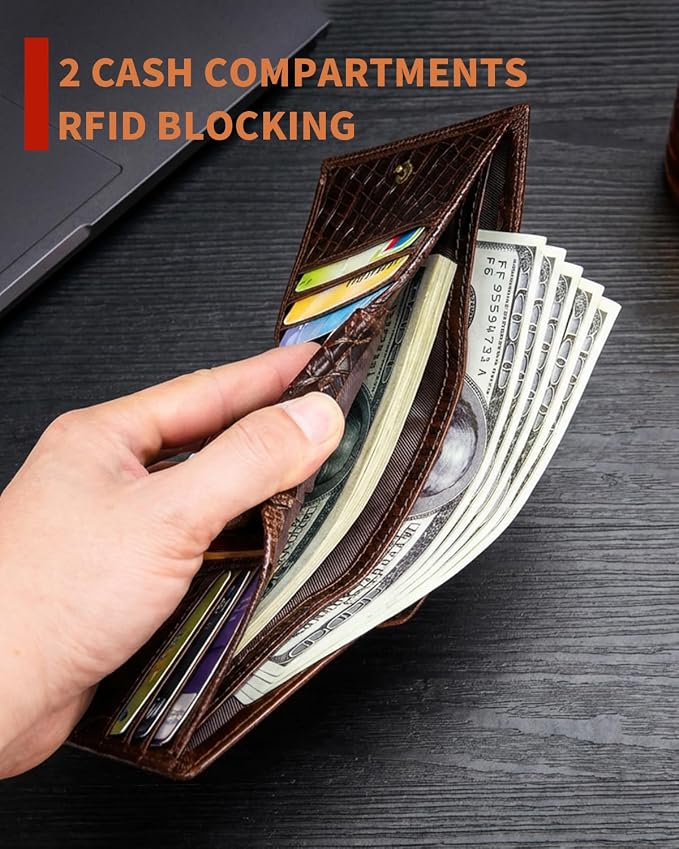 STEELLION Men's Trifold Wallet, Cowhide, 13 Card Slots, ID Window, RFID | Croc-embossed cowhide with a removable chain; practical organization for office, travel, and everyday carry (Coffee) - Image 6