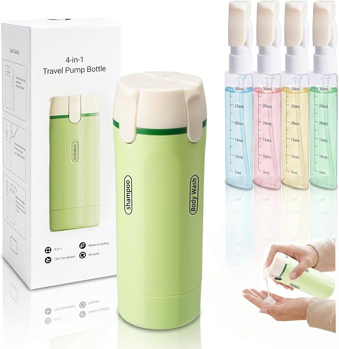 4 in 1 Travel Dispenser Bottle, Leak Proof Refillable Portable Toiletry Containers with Labels, Travel Size Bottles for Shampoo Conditioner Shower Gel, Suitable for Travel, Camping (Green) by TiSOFU