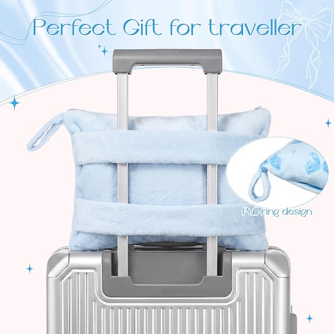 Pink Blue Bow Travel Blanket Airplane and Pillow Compact 2 in 1 Soft Fleece Travel Blanket and Pillow Set with Luggage Sleeve Backpack Clip Compact Airplane Essentials Gifts, 40"x60"(Blue) - Image 4