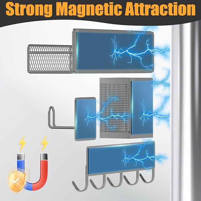 Magnetic Spice Rack for Refrigerator, 10 Pack 100% Metal Strong Magnet Shelf, Moveable Spice Organizer W/ Adjustable Paper Towel Holder, Hook Rack & Utensil Caddy, Home Kitchen Laundry Storage, Grey - Image 3