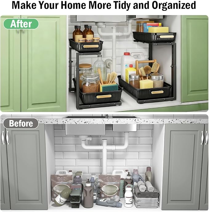 ARSTPEOE Under Sink Organizer - 2 Pack Multi-Purpose Pull-Out Storage Shelf | Slide out Pull out Cabinet Organizer Shelf, Storage for Kitchen Bathroom - Image 5