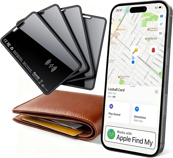 0.09in Slim Wallet Tracker Card for Apple iOS Find My App (4 Pack) | Air Tracking Smart Card for Wallet, Wireless Charging, IP68 Waterproof, Key Finder & Item Locator for Keys, Bags, Passport by HENDARI