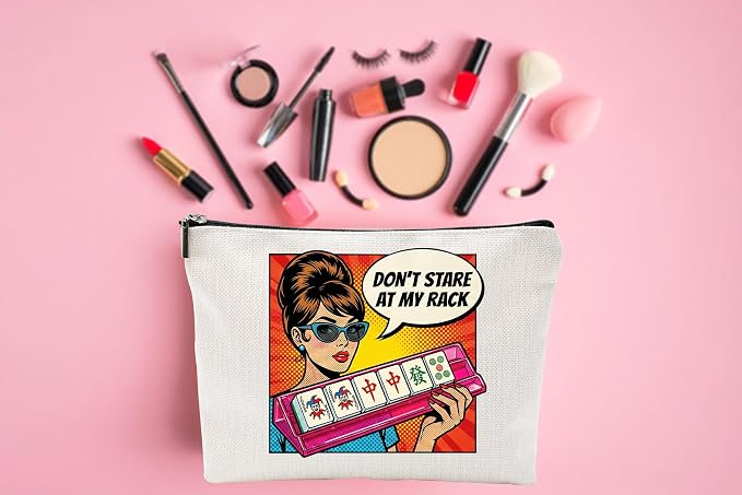 ZUYUROU Funny Mahjong Gifts for Women - Don't Stare At My Rack Makeup Bag - Retro Pop Art American Mahjong Accessories - Zipper Pouch for NMJL Card, Tiles, and Cosmetics - Unique Game Night Prize - Image 4