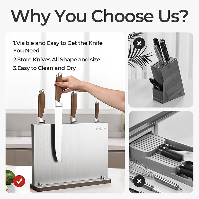 Magnetic Knife Block,Stainless Steel Magnetic Knife Holder Rack for Kitchen Counter,Strong Double Sided Magnet Knife Storage Stand with Wood Base - Image 3