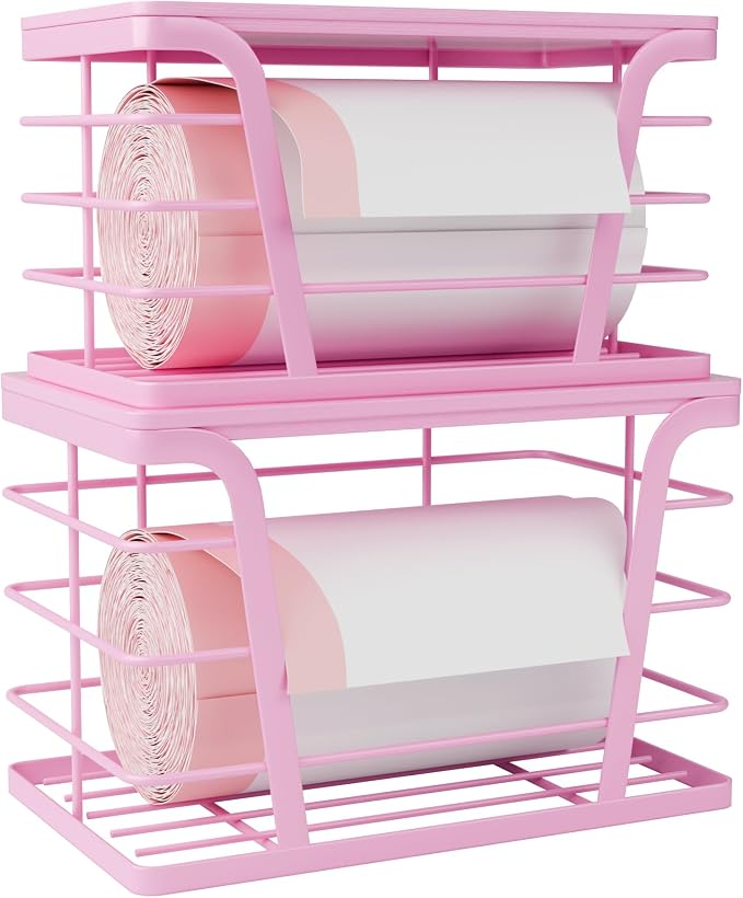 TIDIIABODE 2 Pack Pink Trash Bag Holder - Stackable Garbage Bag Dispenser with Bamboo Top, Kitchen Accessories & Decor, Wall Mount Storage for Kitchen, Home, Bathroom Decor & Gifts by TrashBagHolder