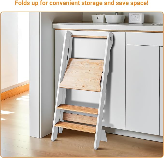 COSYLAND Toddler Standing Tower Foldable Toddler Kitchen Step Stool | Adjustable Height Folding Step Stool for Kids Learning & Cooking - Ages 18 Months to 6 Years with Safety Net Natural & White - Image 9