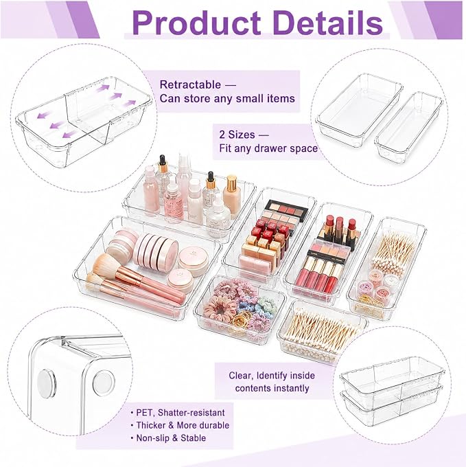 Clear Expandable Drawer Organizer Set, 16PCS Adjustable Drawer Organizers for Makeup, Cosmetics, Jewelry, Skincare, Bathroom, Kitchen & Dresser Storage, Transparent PET Drawer Storage Bins, 2 Sizes - Image 3