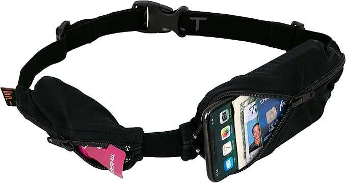 SPIbelt Double Pocket Running Belt, Women Men, Expandable Dual Pockets, Adjustable Waist, No Bounce, Black with Black Zipper by SPIbelt