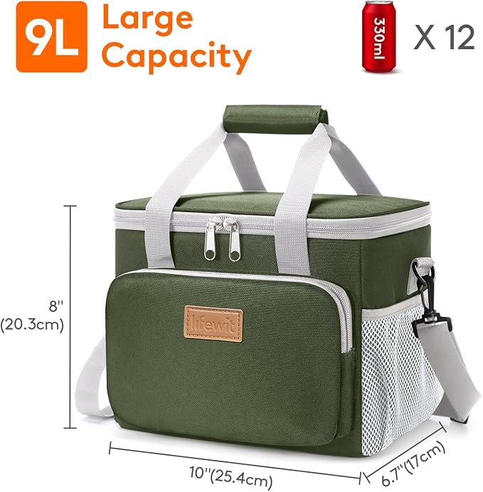 Lifewit Medium Lunch Bag, Insulated Lunch Box, Soft Cooler Cooling Tote for Adult Men Women, Gray and Green 12-Can (9L) - Image 3