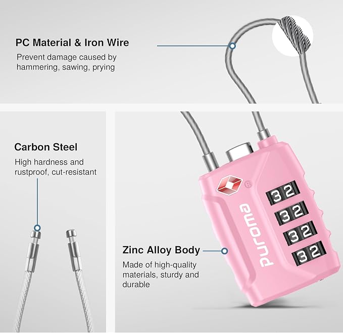 Puroma 2 Pack TSA Approved Luggage Locks 4 Digit Code Cable Lock Basic Pink | Resettable, Flexible Cable, Zipper holes, Zinc Alloy, Bright Color, Large White Numbers, Suitcase Train Travel, laptop bag - Image 5