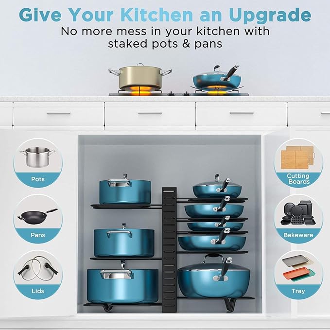 Pots and Pans Organizer Under Cabinet 16.6", 8-Tier Adjustable Rack | 3 DIY Modes, Tool-Free Assembly, Non-Slip, Fits Lightweight Cookware Up to 11", For Kitchen Cabinets, Shelves & Countertops - Image 3