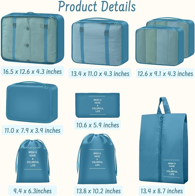 9 Set Packing Cubes for Travel Essentials - Lightweight Carry-On Luggage Organizer Bags with Shoe, Clothes & Laundry Bags for Airplane, Family & Business Travel, Lake blue - Image 2