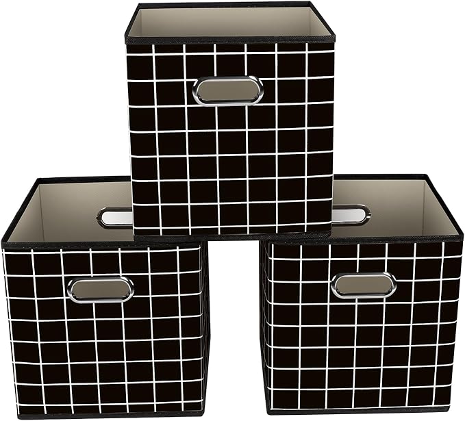 Yunkeeeper storage bins Cubes, Fabric Cube Organizer with Handle, Foldable Cube Bins for Cloth or Accessary Storage, 11x11x11, Set of 3,(Black grid) by Yunkeeper