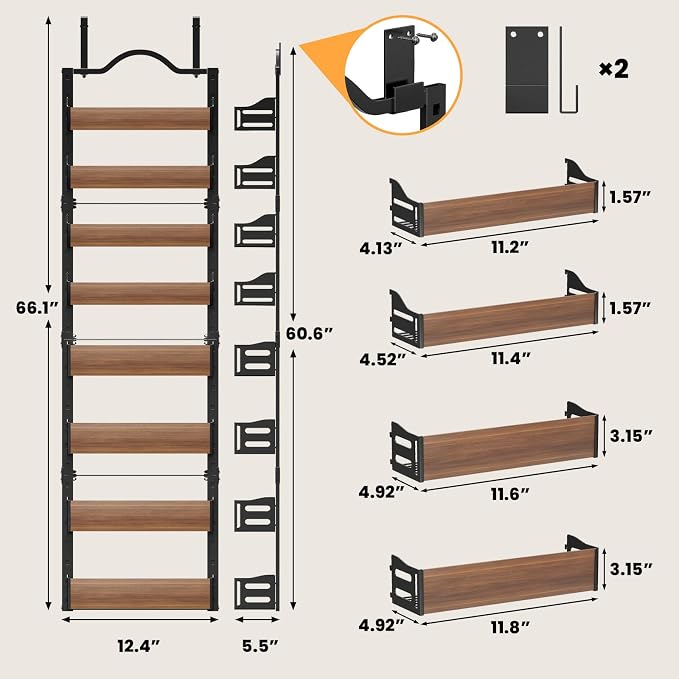 8-Tier Pantry Door Organizer, Over the Door Pantry Organizer with Wooden Adjustable Baskets, 2 IN 1 Spice Rack Wall Mount or Door Organizer, Door Spice Rack（12.4"W x 5.5"D x 66.1"H,1 Pack, Black) - Image 2
