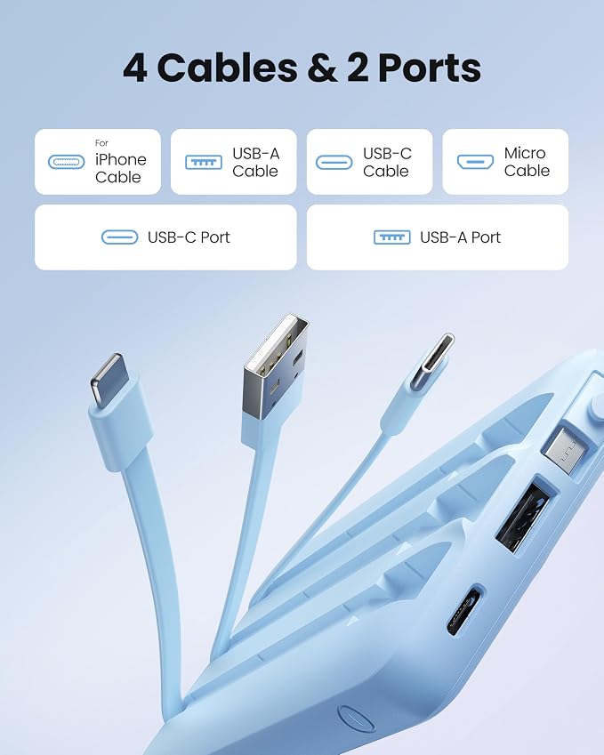 10000mAh Portable Charger, Slim Power Bank with Built-in Cables, Battery Pack 5 Outputs 2 Inputs LED Display Compatible with iPhone/Android & More (Blue) - Image 2