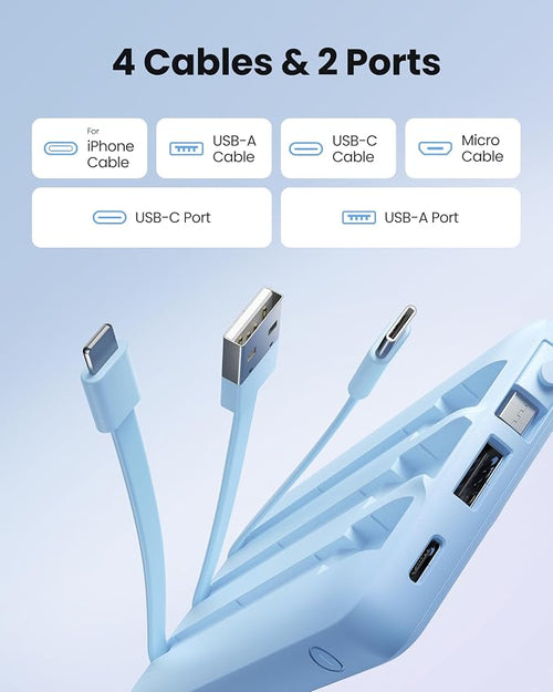 10000mAh Portable Charger, Slim Power Bank with Built-in Cables, Battery Pack 5 Outputs 2 Inputs LED Display Compatible with iPhone/Android & More (Blue) - Image 2