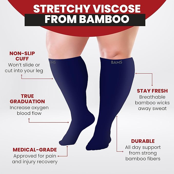 BAMS Plus Size Compression Socks Wide Calf XL XXL XXXL – Graduated Knee-High Support, Viscose from Bamboo Easy-On/Easy-Off - Image 5