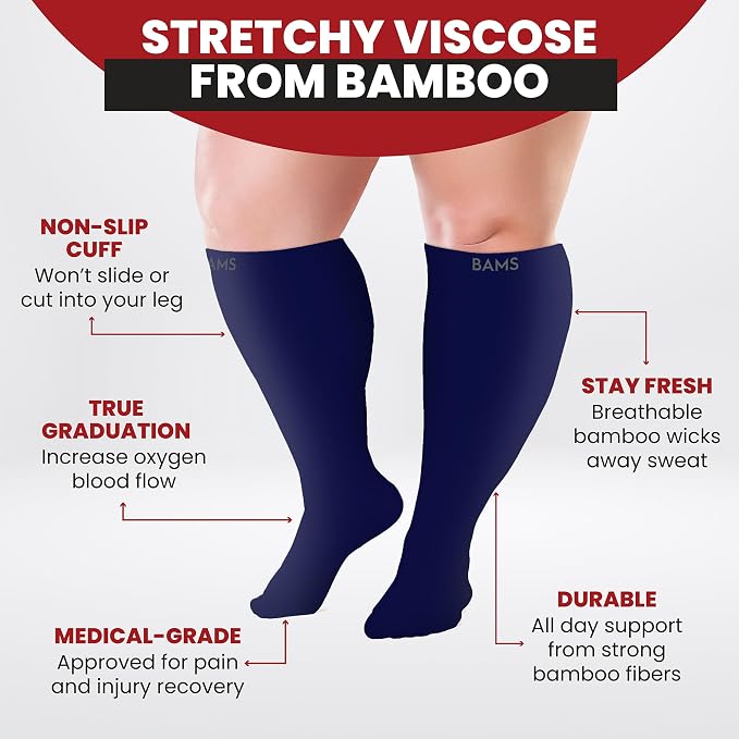 BAMS Plus Size Compression Socks Wide Calf XL XXL XXXL – Graduated Knee-High Support, Viscose from Bamboo Easy-On/Easy-Off - Image 5