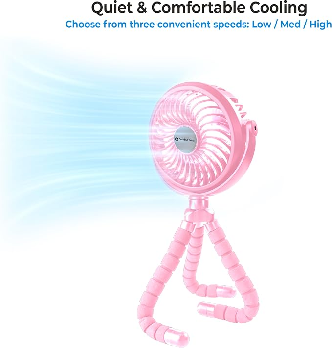 Comfort Zone Portable Stroller Fan, Pink | Rechargeable Battery Operated, Clip-On with 360° Flexible Tripod, LED Light, 3-Speed Cooling - Image 9