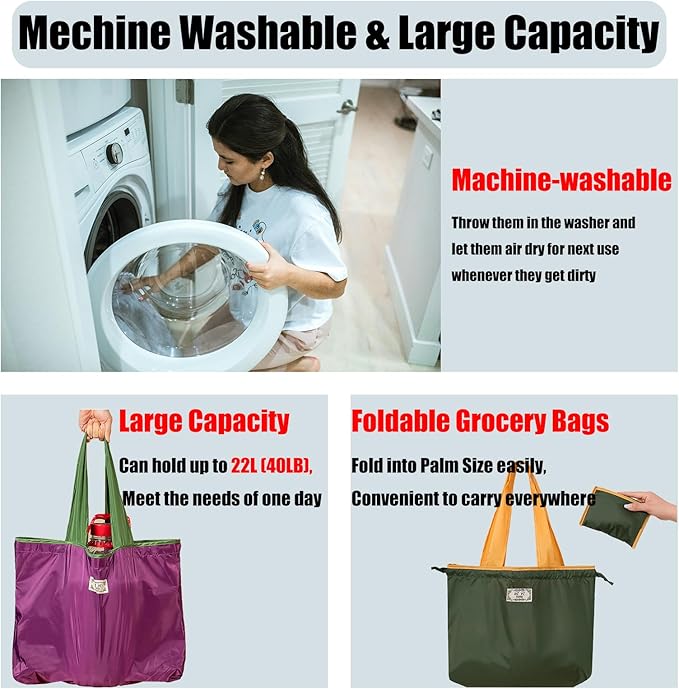 4 PC Foldable Reusable Shopping Bag 210D Nylon Waterproof Travel Grocery Tote with Drawstring Mouth & Reinforced Handle - Image 5