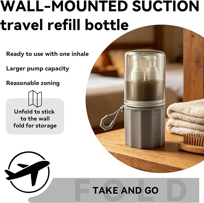 4 in 1 Travel Dispenser，Unbreakable Silicone Travel Dispenser Bottle, Vacuum Suction Wall Mounted Refillable Containers,Leakproof Toiletry Containers for Shampoo, Lotion, Baby Care-Grey. - Image 5