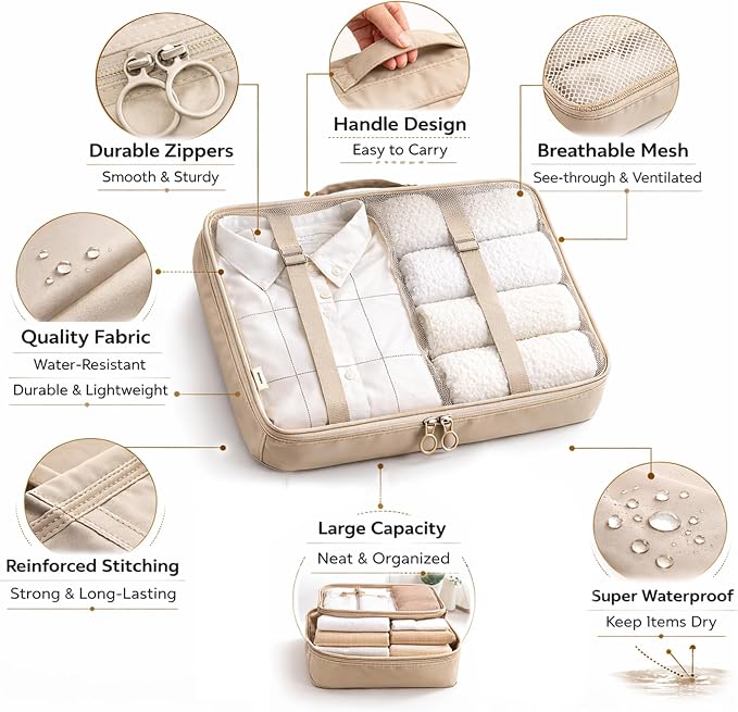 7 Set Packing Cubes For Travel | Luggage Organizer Bags With Shoe, Laundry Bag, Accessory Pouch And Lingerie Bag | Durable And Space Saving Suitcase Organizer For Travel Essentials | Beige - Image 6