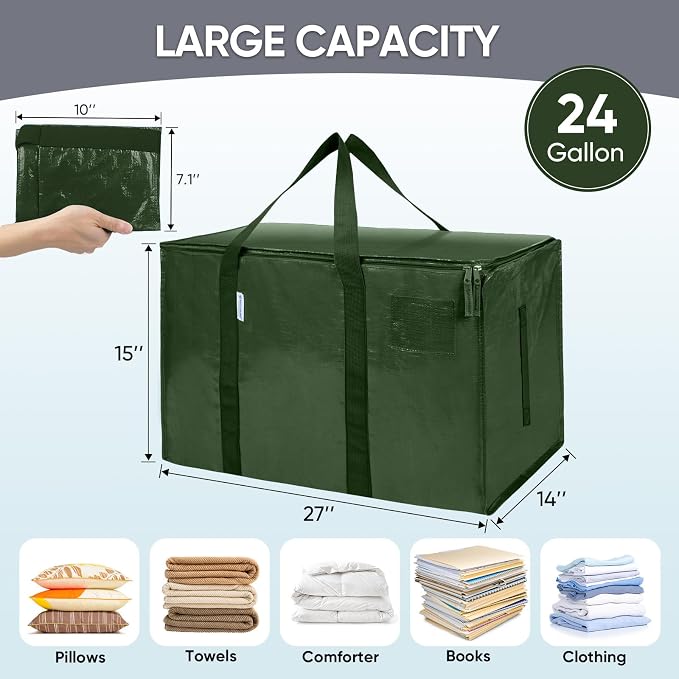 TICONN 6 Pack Extra Large Moving Bags Heavy Duty with Zippers & Carrying Handles, Durable Storage Bags Moving Boxes for Closet Organizers and Storage (6 Pack, Olive) - Image 5