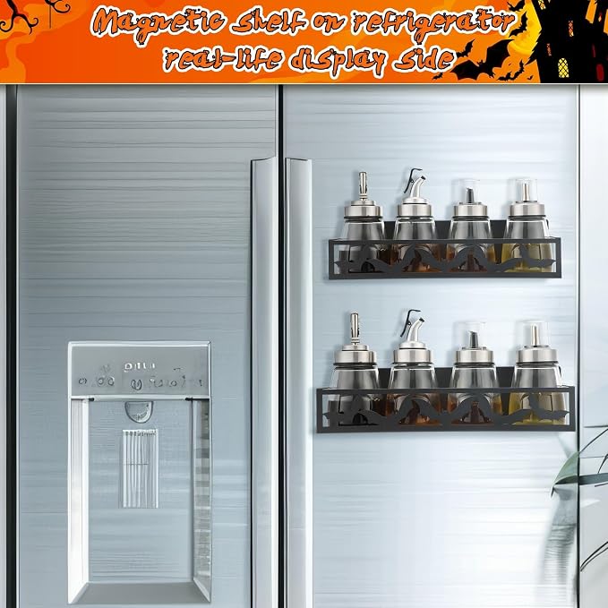 Beeveer 2 Pcs Magnetic Spice Rack for Refrigerator, Black Bat | Halloween Gothic Kitchen Decor, Spooky Home Accessories, 2 Sizes Metal Storage Shelf for Fridge Spices, No Drilling - Image 7