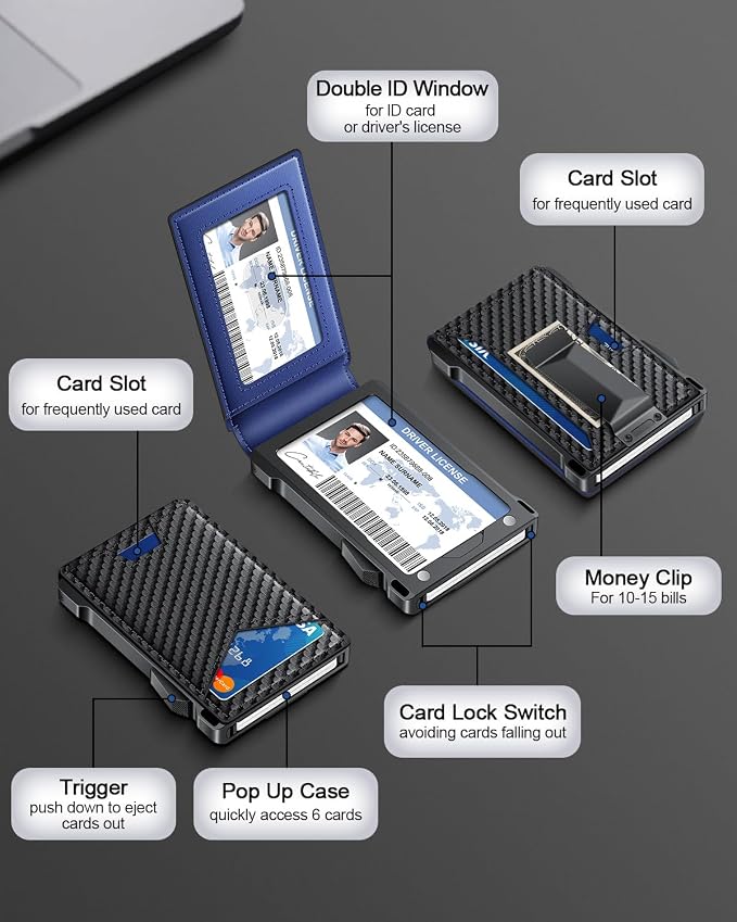 Wallet for Men RFID Wallet with 2 ID Windows & Money Clip, Slim Pop Up Card Holder for 10-12 Cards, Bifold Minimalist Smart Wallet for Front Pocket, Compact Metal Credit Card Holder, Gifts for Men - Image 6