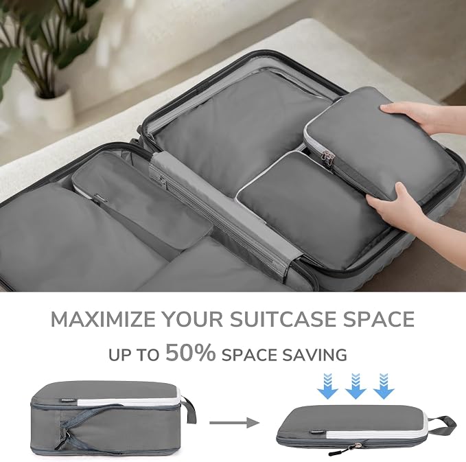 7 Set Compression Travel Packing Cubes for Suitcases, Grey | Travel Essentials for Suitcase, Luggage Organizer Bags for Travel with Shoe Bag, Travel Accessories Expandable Packing Cubes - Image 6