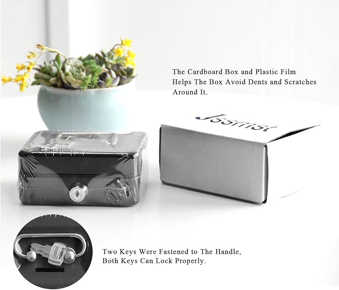 Small Cash Box with Lock and Slot - Jssmst Metal Coin Bank Small Lock Box, Black(SMCB0301N) - Image 7