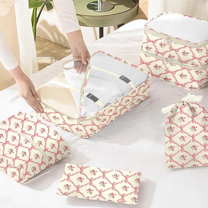 KPX 8 Set Packing Cubes for Travel, Luggage Packing Organizers Accessories Large Toiletries Bag for Clothes Shoes Cosmetics (8Set-Flower & Bow) - Image 6
