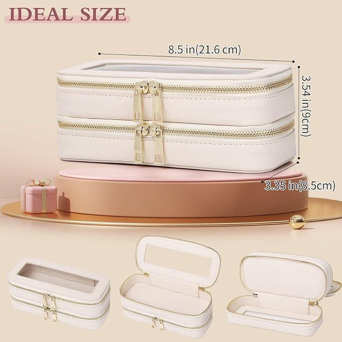 Pinkmik Double Layer Makeup Bag, Beige, Double SLIM | Makeup Brush Case, Waterproof, Travel Cosmetic & Toiletry Organizer - Image 4