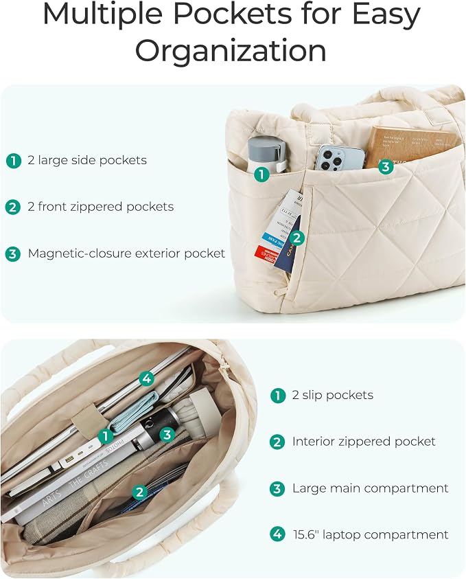 BAGSMART Tote Bag for Women, Puffer Tote Bag with Zipper, Large Quilted Shoulder Bag with Compartments for Travel, Work, Gym - Image 4