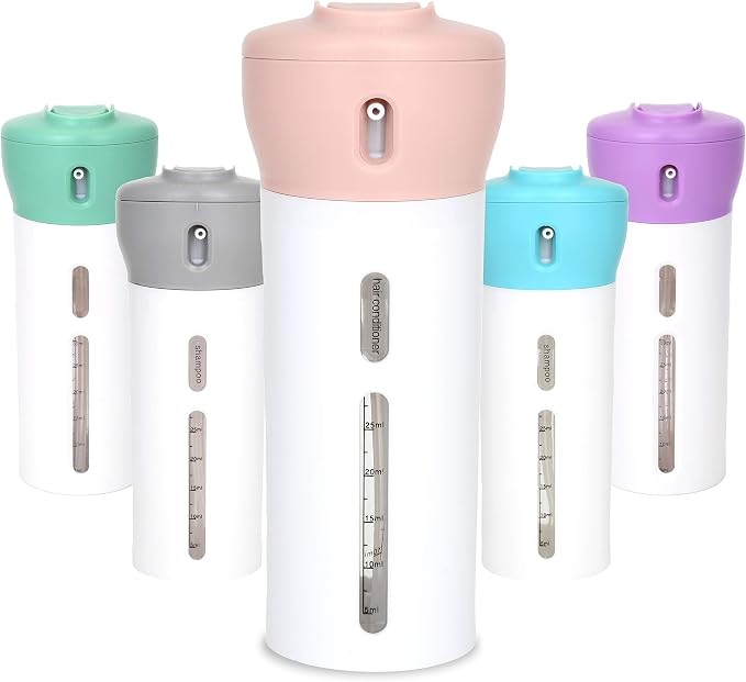 Travigo 4-in-1 Travel Dispenser Bottle, TSA Approved, Leak Proof, Four Reusable 1.4 oz. (40 mL) Toiletry Containers for Shampoo, Conditioner, Soap, Lotion, Skincare (Pink) by Travigo