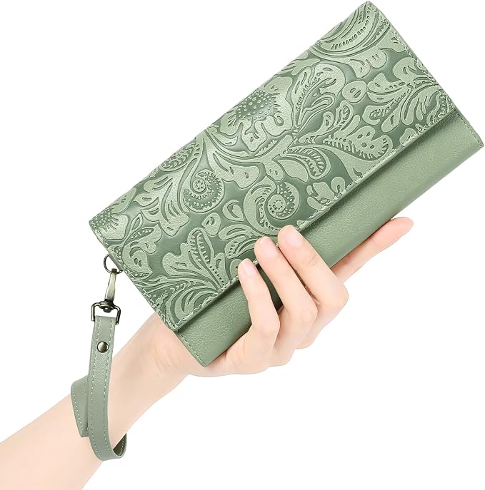 GOIACII Wristlet Wallets for Women RFID Blocking Western Clutch Green | Embossed Leather, Vintage Design, Trifold, Large Billfolds, Ladies Purses with Zipper Coin Pocket - Image 4