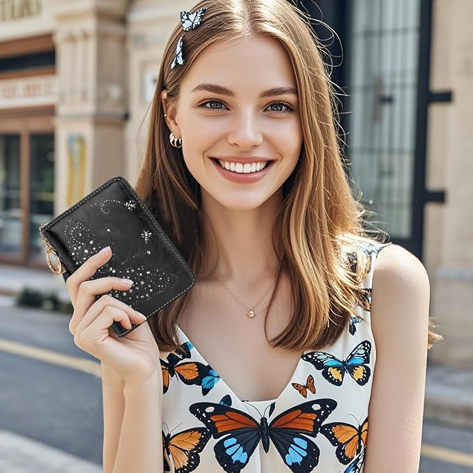 KITEVIUN Women RFID Blocking Small Bifold Wallet, Compact Cash Clutch with Zipper Coin Pocket, Glittery Butterfly Design, Credit Card Holder, Travel Purse with Tassel BLACK - Image 2
