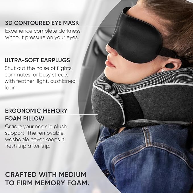 Travel Pillow, 100% Memory Foam Airplane Neck Pillow, Dark Grey | Sleeping Support Pillow for Adults, Car Travel Essentials Kit with 3D Contoured Eye Mask, Earplugs and Mesh Bag - Image 4
