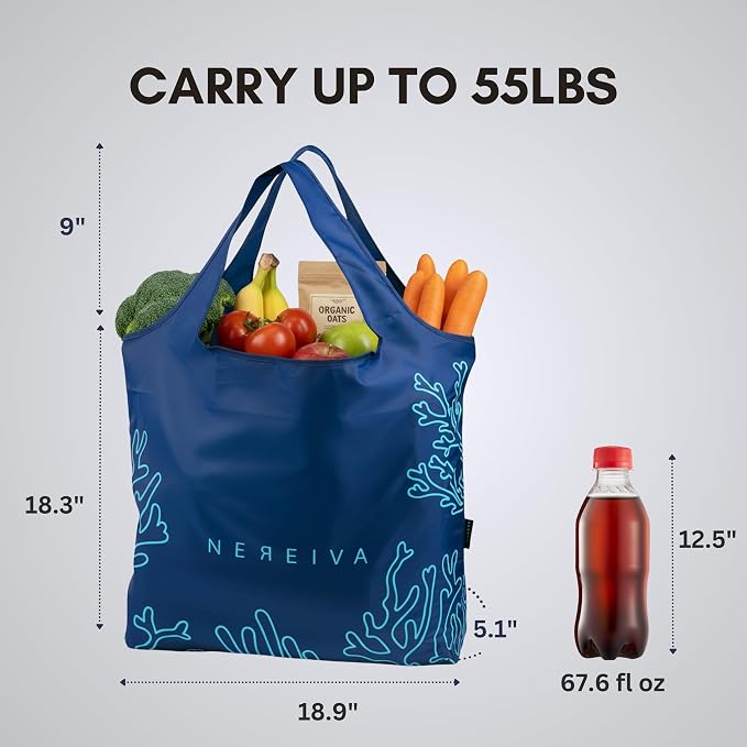 5 Pack Large Foldable Reusable Grocery Bags Carry Pouch, 55 lb | Washable, Easily Sort Shopping with 5 Bag Colors, Reinforced Handles, Recycled Material, Great Totes for Travel, Tiny Pouch - Image 6