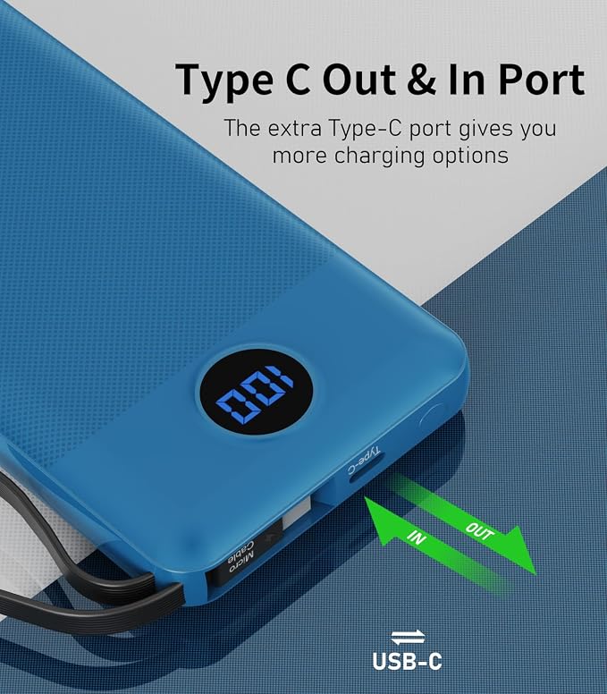 Portable Charger with Built in Cables, Slim 10000mAh Power Bank, USB C Battery Pack Travel, 4 Output 2 Input External Charging Bank for iPhone 17/16/15/14/13,Samsung, Android, etc-Blue&Pink(2 Pack) - Image 6