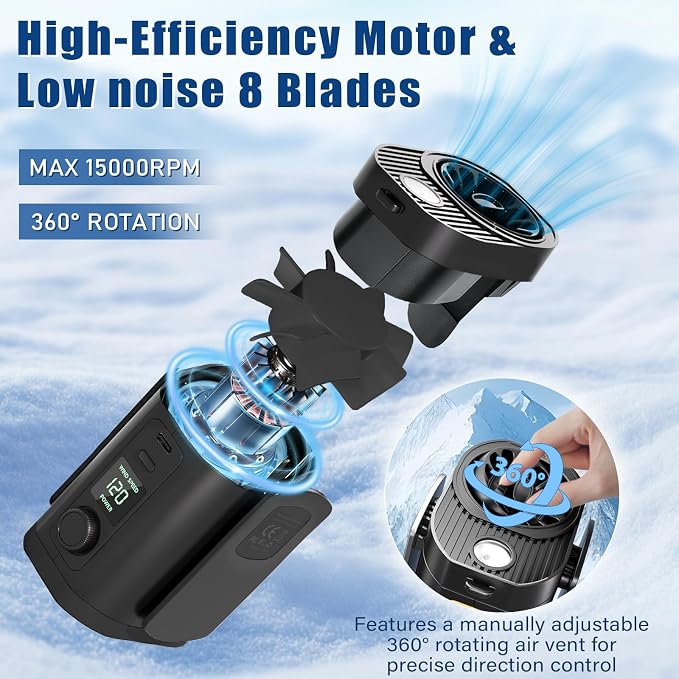 Portable Fan,Waist Clip Fan, Clip-On Personal Turbo Cooling Fan | 120-Speed Adjustable Rechargeable Clip On Waist Bladeless Fan with LED flashlight for Outdoor,Travel,Camping - Image 2