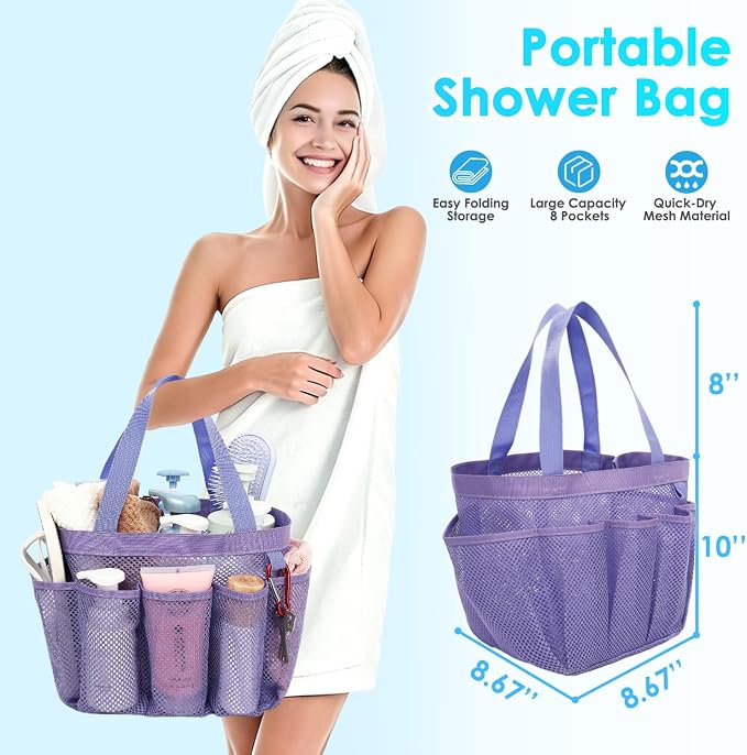 Fammart Mesh Shower Caddy Portable for College Dorm Room Essentials, Odorless Polyester Large Shower Tote Bag with Dual Handles, 8-Pocket Quick-Dry Toiletry Organizer for Travel, Beach, Camping, Gym - Image 2