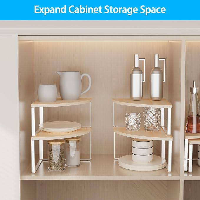 Golener Kitchen Corner Shelf, Corner Spice Rack, Counter Shelf, Stackable | Kitchen Counter Organizer, Plate Organizer for Cabinet, 2-Tier Corner Countertop Shelf, Corner Desk Shelf, Natural Beige - Image 4