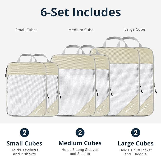 Compression Packing Cubes 6 Set, Compressible Space-Saving Packing Cubes for Travel - Compression Bags, Luggage Organizer, Travel Essentials for Women, Beige - Image 3