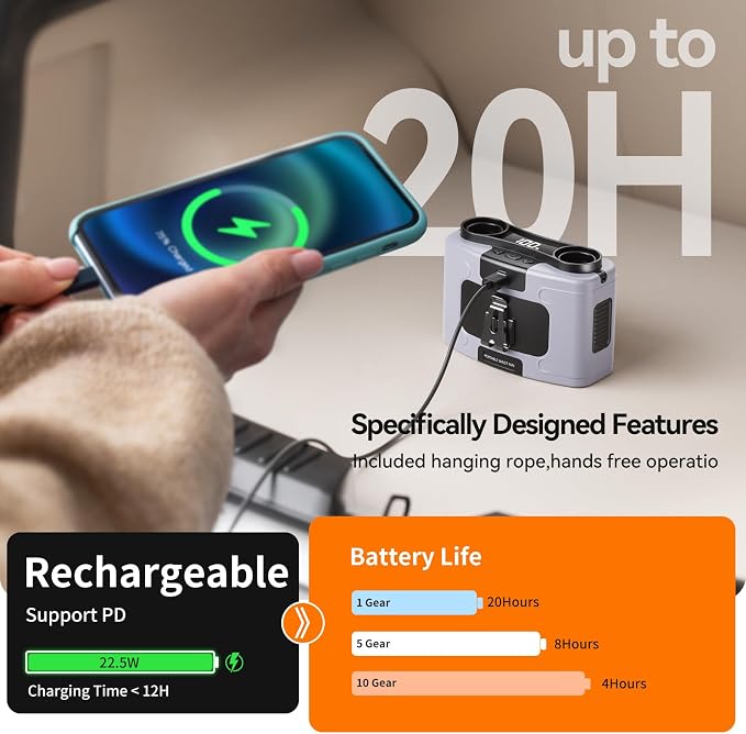 Doublepow 10000mAh Portable Waist Fan, Personal Dual Waist Fan, Clip On Belt Hanging Neck, Dual Motor 20H&10 Speed 16000RPM Strong Airflow, USB Rechargeable Fans, for Outdoor Work Travel(K60-Gray) - Image 3
